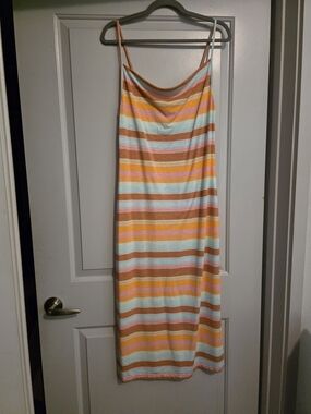 Roxy Striped Midi Dress in Pastel Yellow, Pink, Blue, Brown
